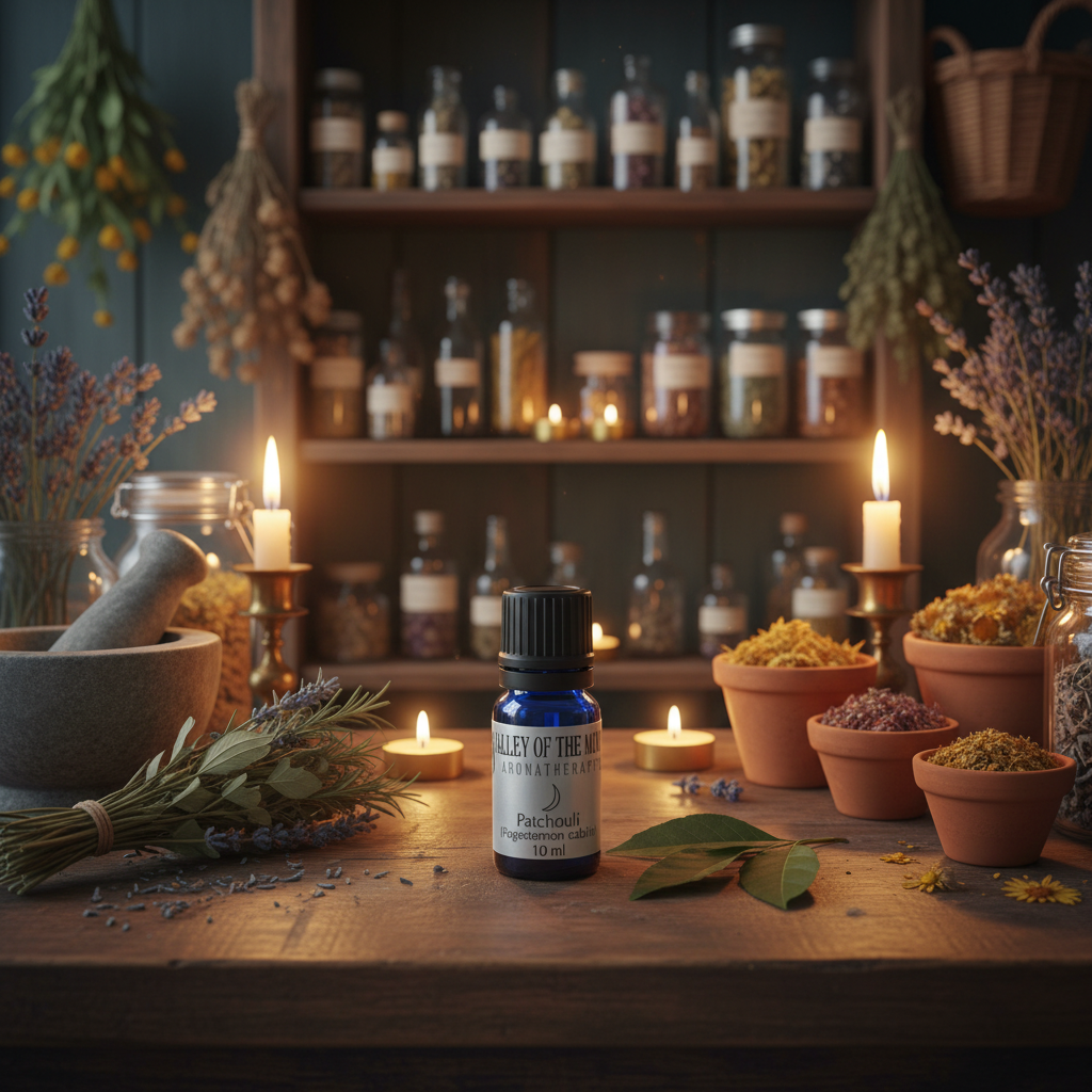 A small blue glass bottle labeled 'Valley of the Moon Aromatherapy Patchouli 10ml' sits on a wooden table surrounded by dried lavender, herbs, clay pots, candles, and shelves of apothecary bottles in the background.