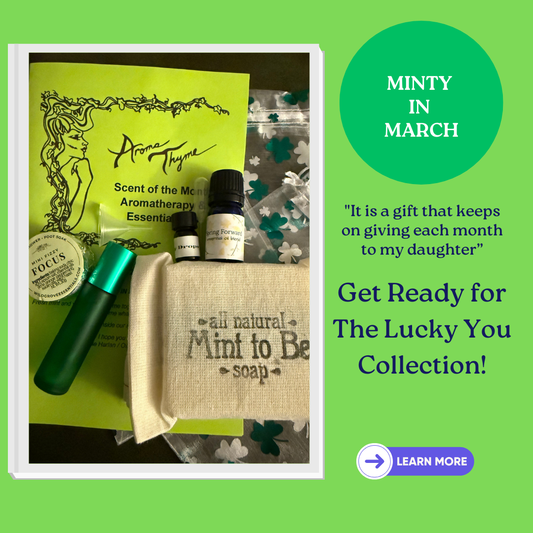 Product display with 'Aroma Thyme' and 'all natural Mint to Be soap' on a green background with promotional text.