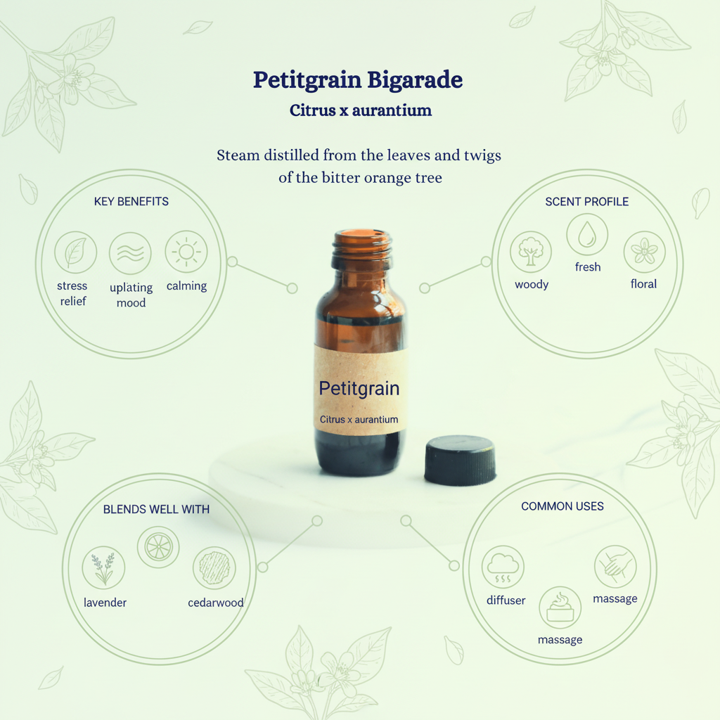 A product infographic for Petitgrain Bigarade citrus x aurantium essential oil. The image features a central amber glass bottle with a black cap next to it, surrounded by five circular callouts detailing key benefits, scent profile, blends, and common uses, all on a light green background with botanical illustrations.