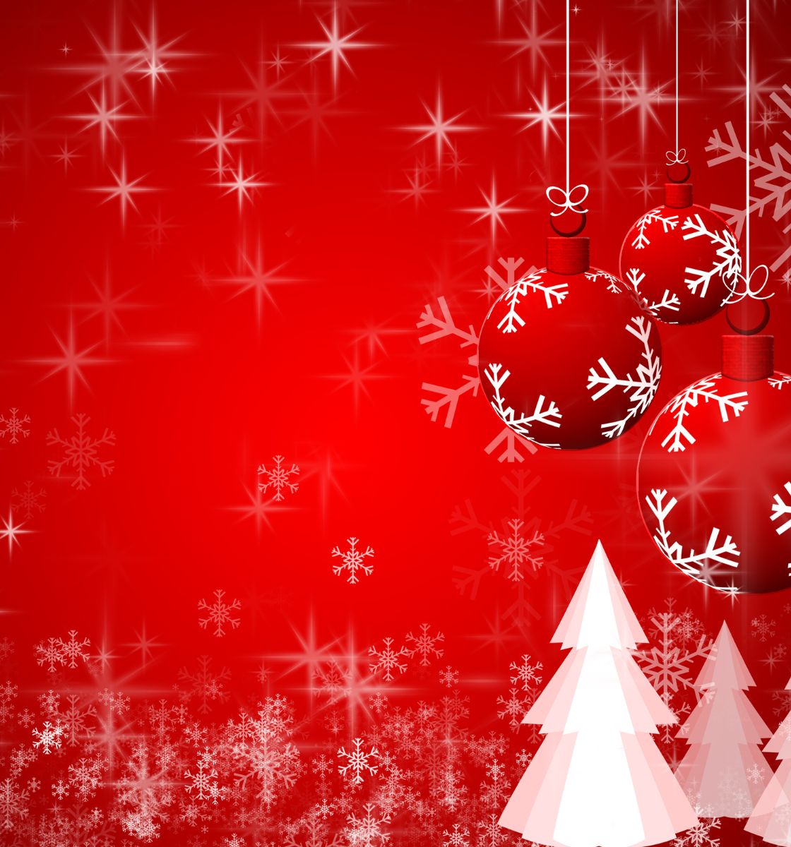 Decorative Christmas scene with red ornaments and white trees on a red background with snowflakes.