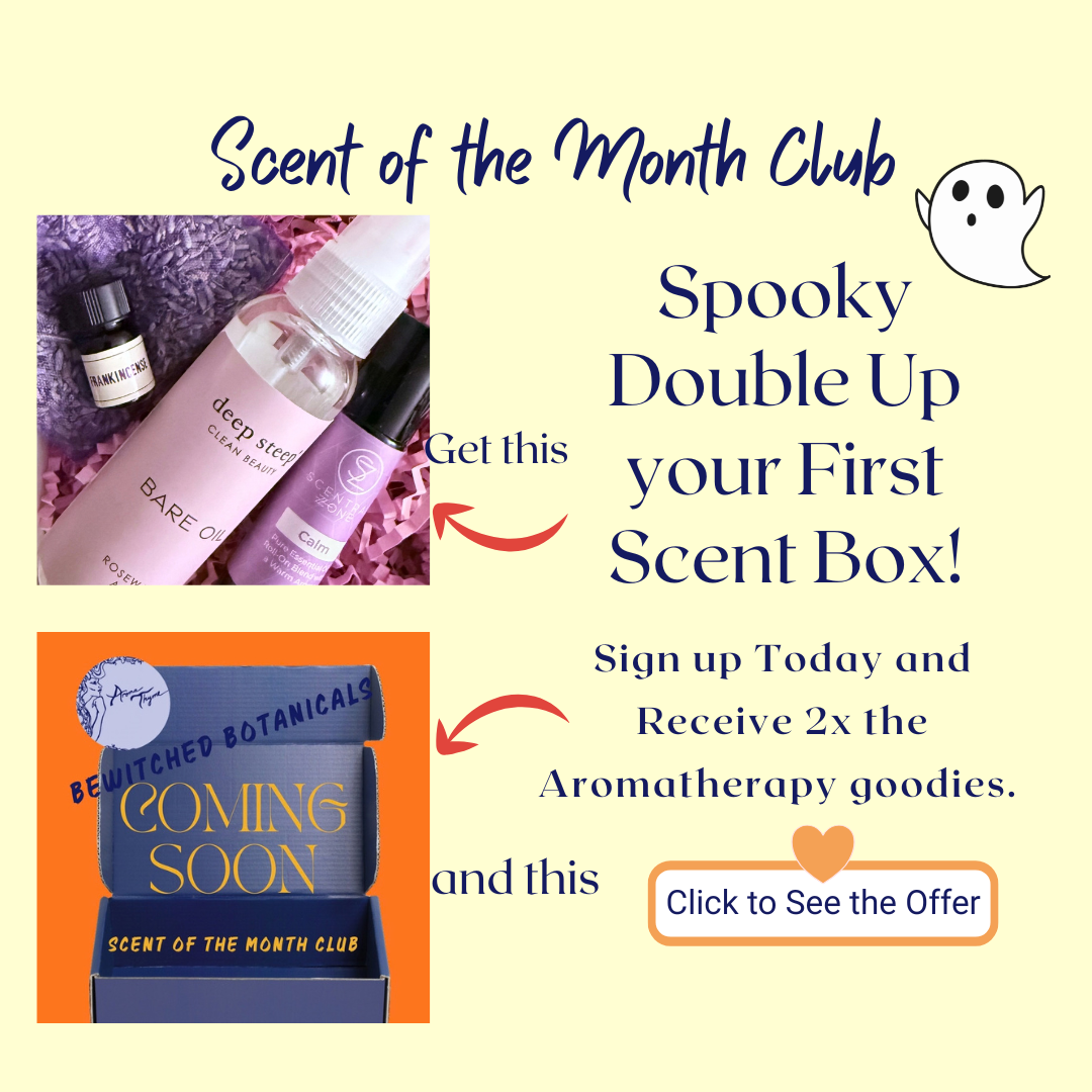 Promotional graphic for 'Scent of the Month Club' featuring a 'Spooky Double Up' offer. The left side shows a 'Coming Soon' preview of a dark blue box with gold lettering, alongside a photo of lavender-scented 'BASE E OIL' and 'deep sleep' aromatherapy bottles nestled in purple shredded paper.