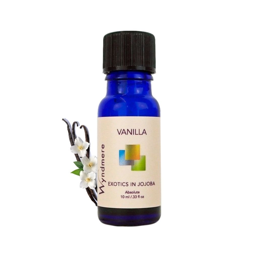 Vanilla essential oil in jojoba bottle 10 ml with floral elements on a white background
