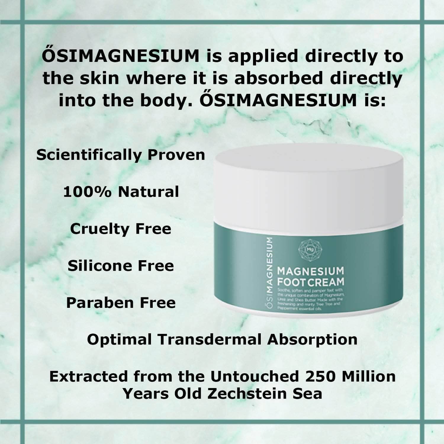OSIMAGNESIUM magnesium foot cream with product details on a green and white background