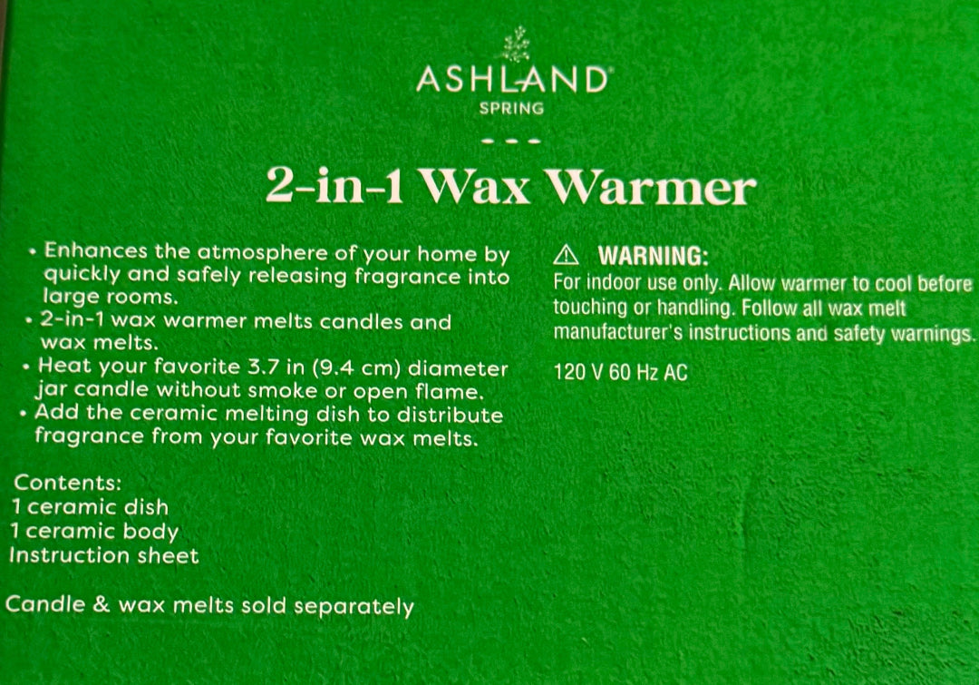 Ashland  2-in-1 Wax Warmer packaging with features information text on a green background