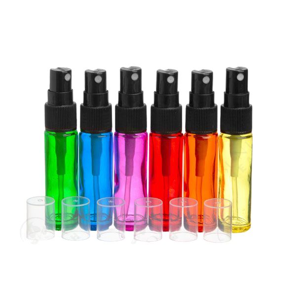 6 glass vials—1 red, 1 orange, 1 yellow, 1 green, 1 blue, and 1 magenta—black misting spray tops and acrylic hoods_10 ml.