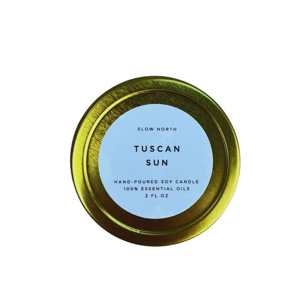 Tuscan saun. essential oil aromatherapy soy candle tin 2 oz.