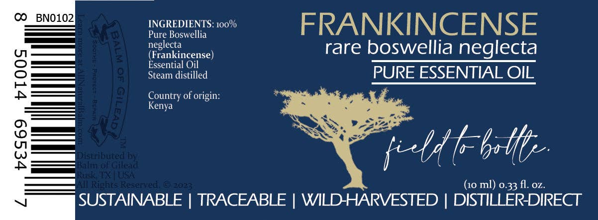 Label of Frankincense Boswellia Neglecta  pure essential oil with tree illustration on a blue background