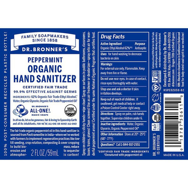 dr. bronner's peppermint 2oz hand sanitizer spray