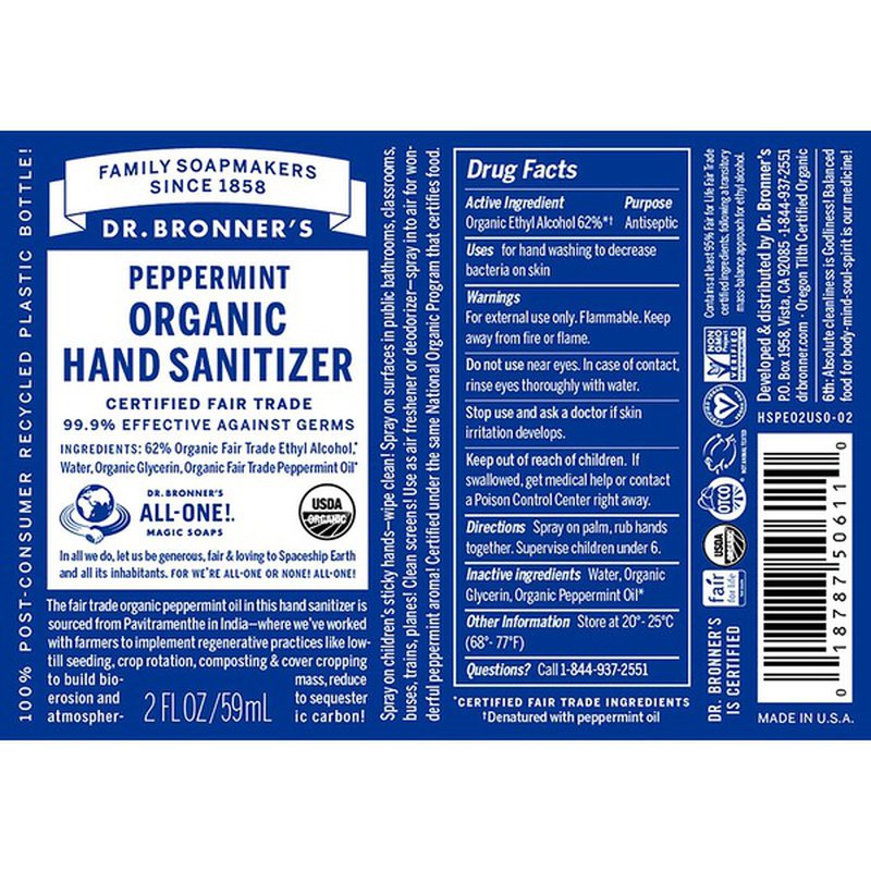 dr. bronner's peppermint 2oz hand sanitizer spray